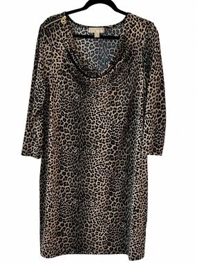 Michael Kors Leopard Print Dress XL Cowl Neck Animal Print 3/4 Sleeve